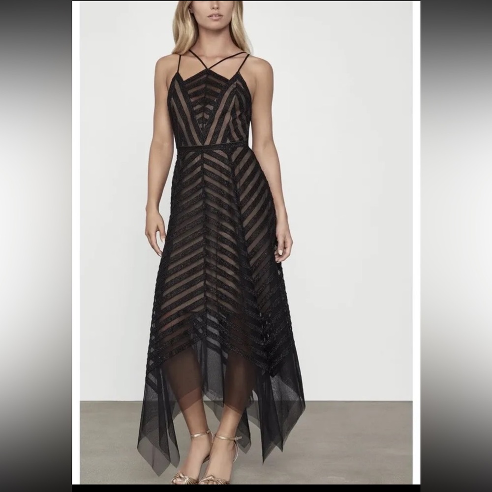 Strappy Black Mesh Chevron Midi Dress